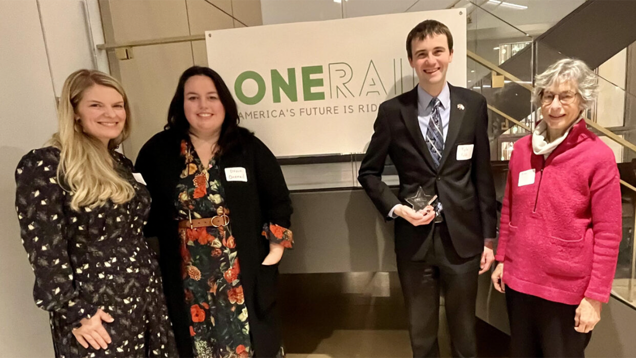 Pictured at the OneRail awards ceremony, left to right: OneRail Deputy Director Liz Hill; OneRail Director Devon Barnhart; award winner Kyle Fields, Counsel for the Senate’s Surface Transportation, Maritime, Freight, and Ports Subcommittee; and Anne Canby, former OneRail leader. Award winner Arielle Giordano of Canadian Pacific Kansas City was unable to attend the event. (OneRail Photograph)