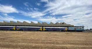 A Siemens Mobility Venture trainset at the San Joaquin Regional Rail Commission facility in Stockton, Calif. (Caltrans)