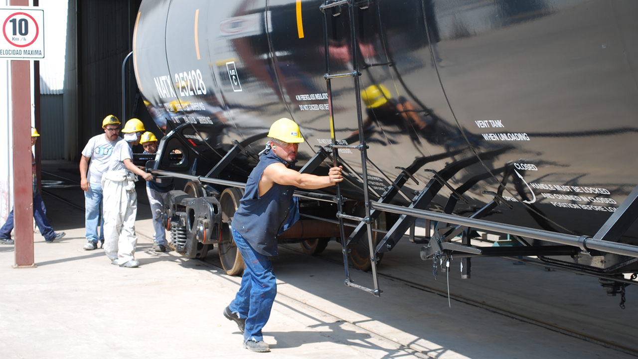 A finished tank car emerges from Greenbrier’s Concarril assembly plant in Sahagún, Mexico. (William C. Vantuono Photograph)