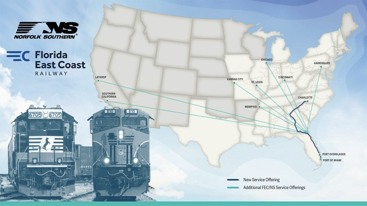 Map of Norfolk Southern and Florida East Coast Railway’s domestic and international intermodal service offerings. (Courtesy of NS)