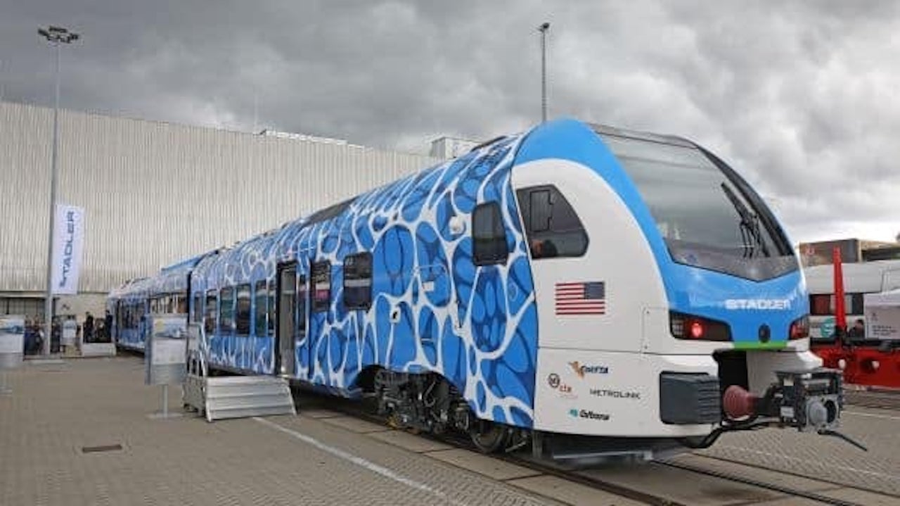 The first Stadler hydrogen powered train for San Bernardino was on display at the outside track area.