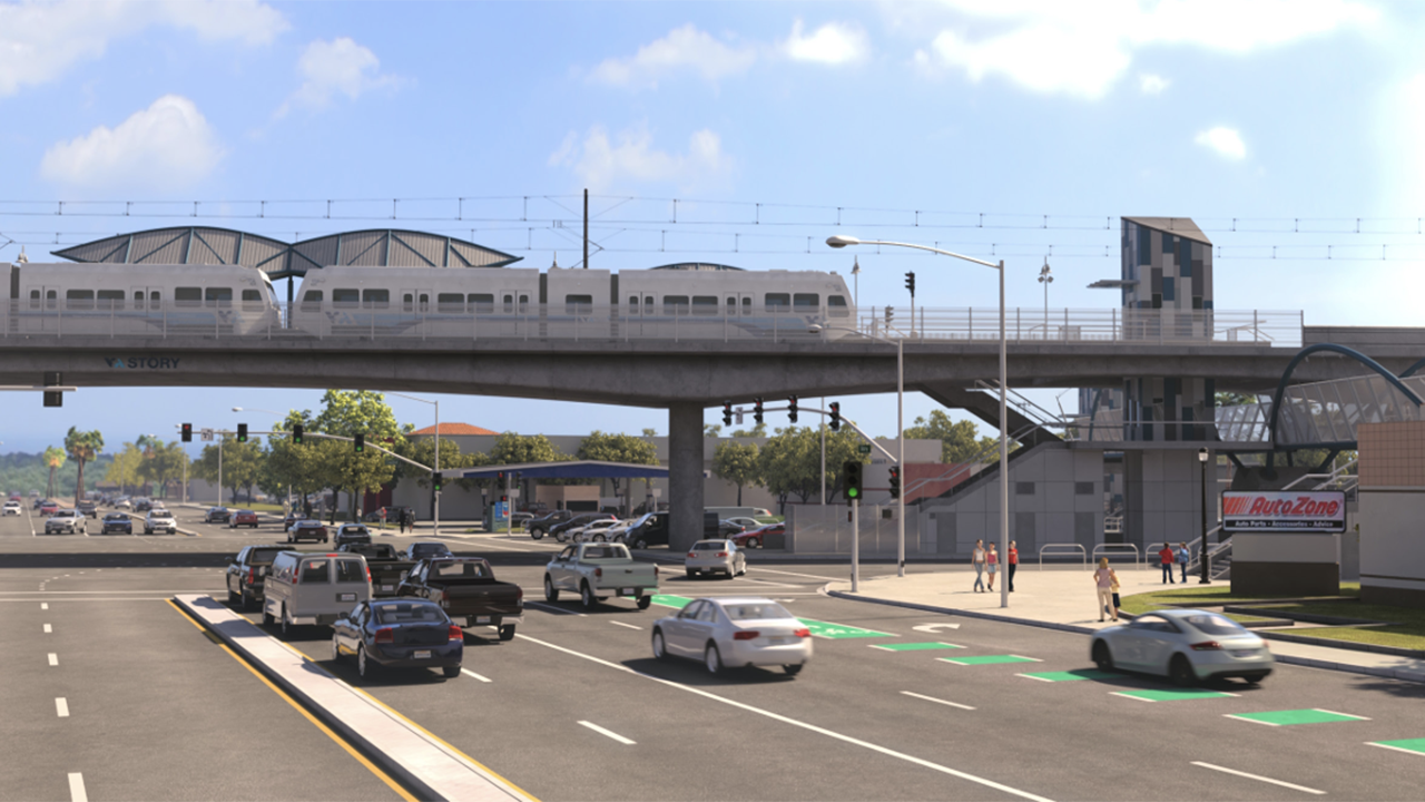 Rendering of the Story Road Station and the pedestrian overcrossing, Courtesy of Santa Clara VTA.
