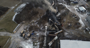 Aerial photograph of Feb. 3, 2023, Norfolk Southern derailment site, courtesy of the NTSB.