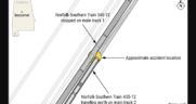 Figure 1. Diagram of the Dec. 13, 2022, accident scene in which a Norfolk Southern employee was killed and another injured when a locomotive struck steel protruding from a gondola car on a stationary train near Bessemer, Ala. (NTSB Image)