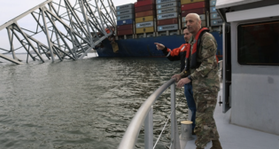 USACE Chief of Engineers Lt. Gen. Scott Spellmon views damage to the fallen Francis Scott Key Bridge. USACE is leading the effort to clear the channel as part of the larger interagency recovery effort to restore operations at the Port of Baltimore. (USACE Photograph by Maj. Spencer Garrison)