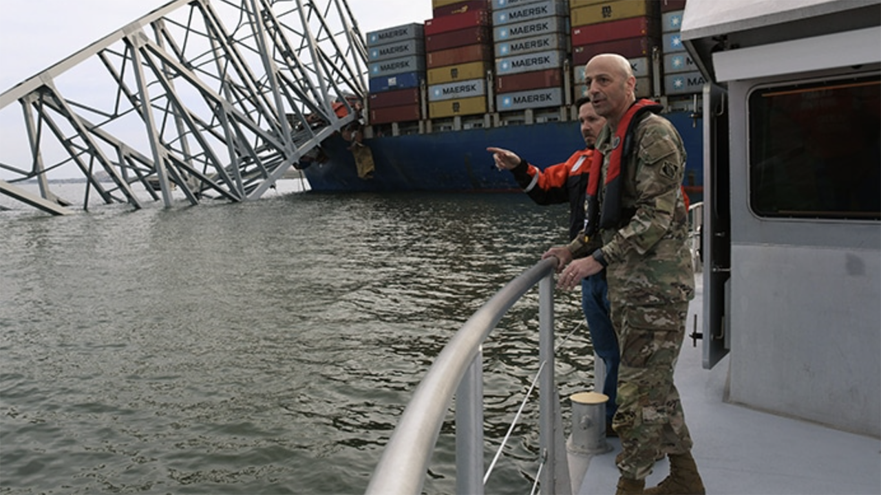 USACE Chief of Engineers Lt. Gen. Scott Spellmon views damage to the fallen Francis Scott Key Bridge. USACE is leading the effort to clear the channel as part of the larger interagency recovery effort to restore operations at the Port of Baltimore. (USACE Photograph by Maj. Spencer Garrison)