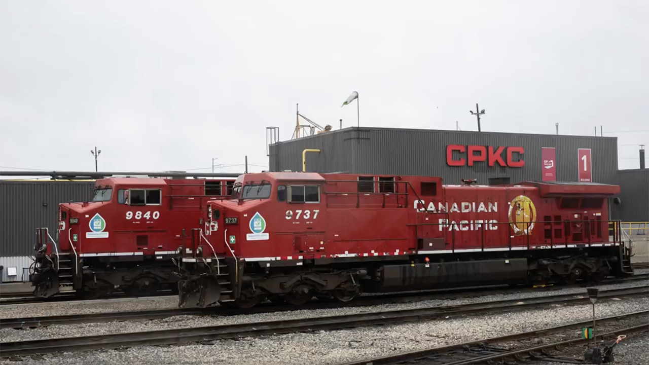 CPKC on April 4 reported on LinkedIn that 10 AC4400 locomotives near Golden, B.C. “are powered partly by plants, marking a significant step toward sustainability.” (CPKC Photograph)