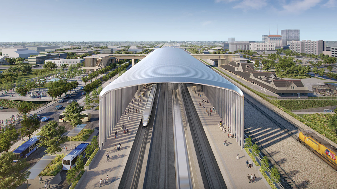 High-speed rail station design is moving forward in Central Valley, Calif.—with community engagement and input helping lead the design process. The CHSRA recently held four open houses, releasing station designs, including this one (pictured) in Fresno. (CHSRA Rendering)