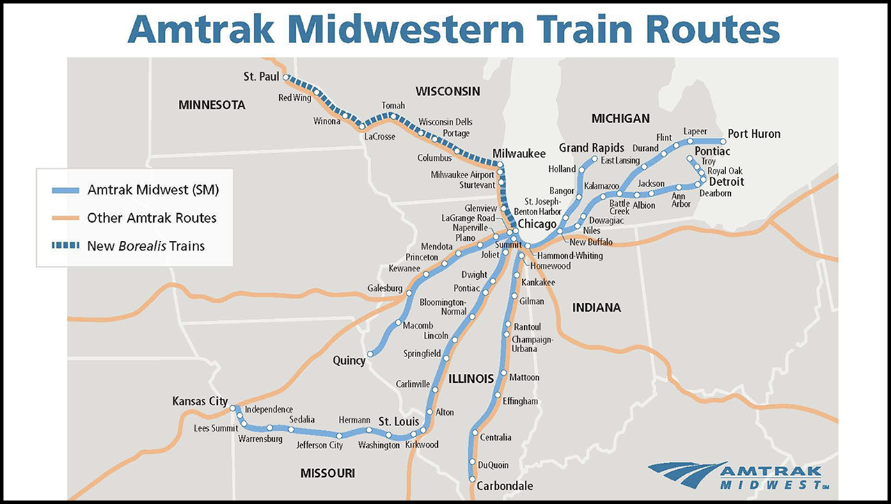 Starting May 21, a second daily Amtrak train will be offered between St. Paul and Chicago, via Milwaukee, the state-sponsored Borealis, whose name “was determined in a collaborative process,” Amtrak spokesman Marc Magliari told Railway Age. “It is a reference to the north direction, in Latin.” (Amtrak Map)