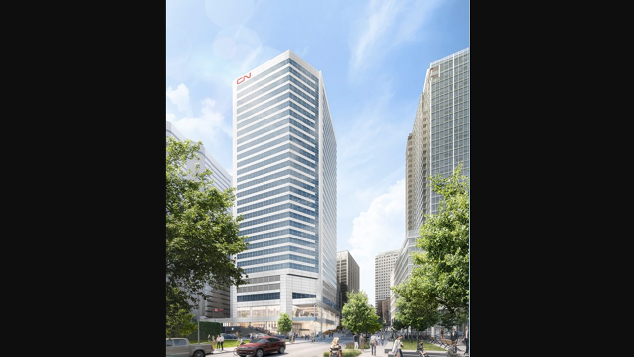 A rendering of CN's new headquarters building as of 2028, to be located at 600 De La Gauchetière West in downtown Montréal, Québec, Canada. (Rendering Courtesy of CN)